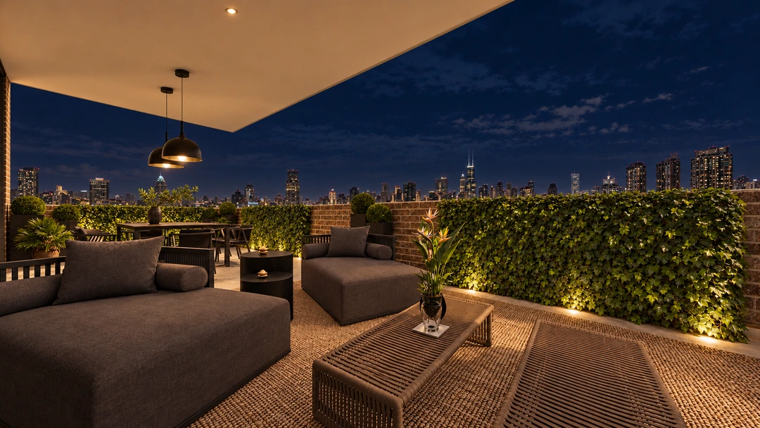 Evening terrace seating beside planted hedge — New York, NY, Studio Dalika; project view 6