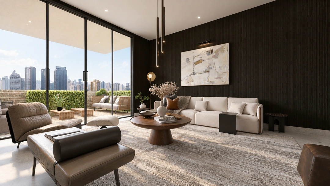 Living room with pale seating and abstract artwork — New York, NY, Studio Dalika
