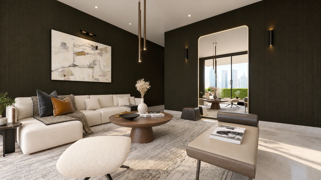 Living room with dark accent wall and artwork — New York, NY, Studio Dalika; project view 3