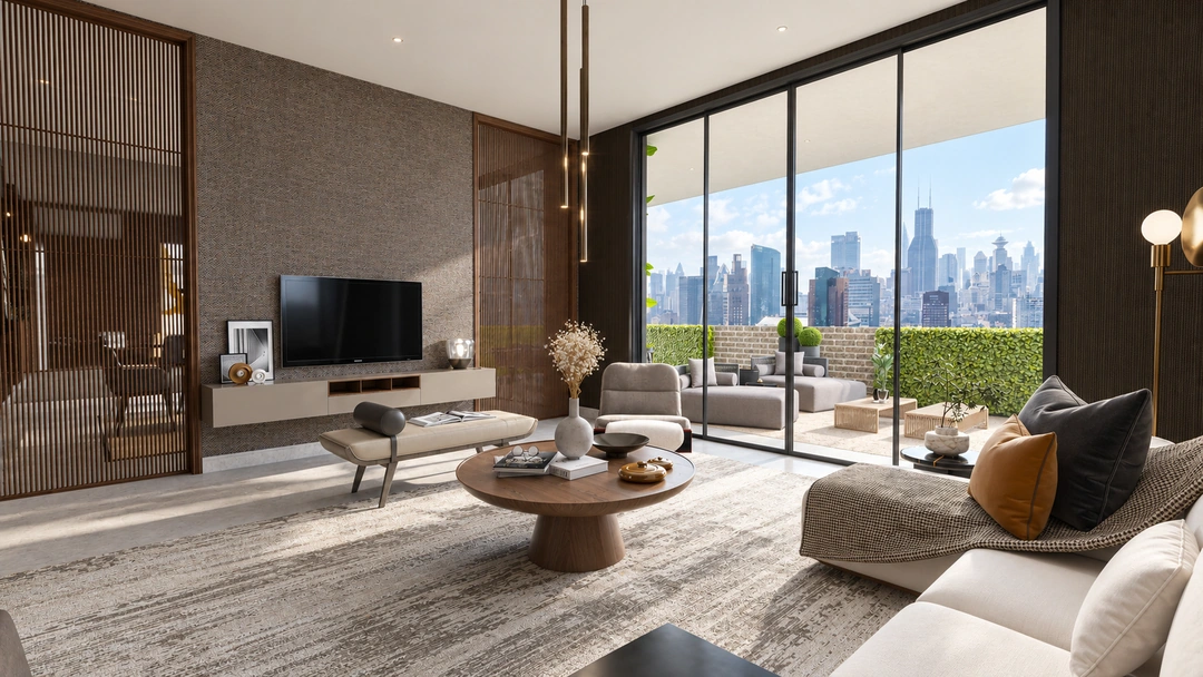 Living room with pale sofa and terrace glazing — New York, NY, Studio Dalika; project view 4