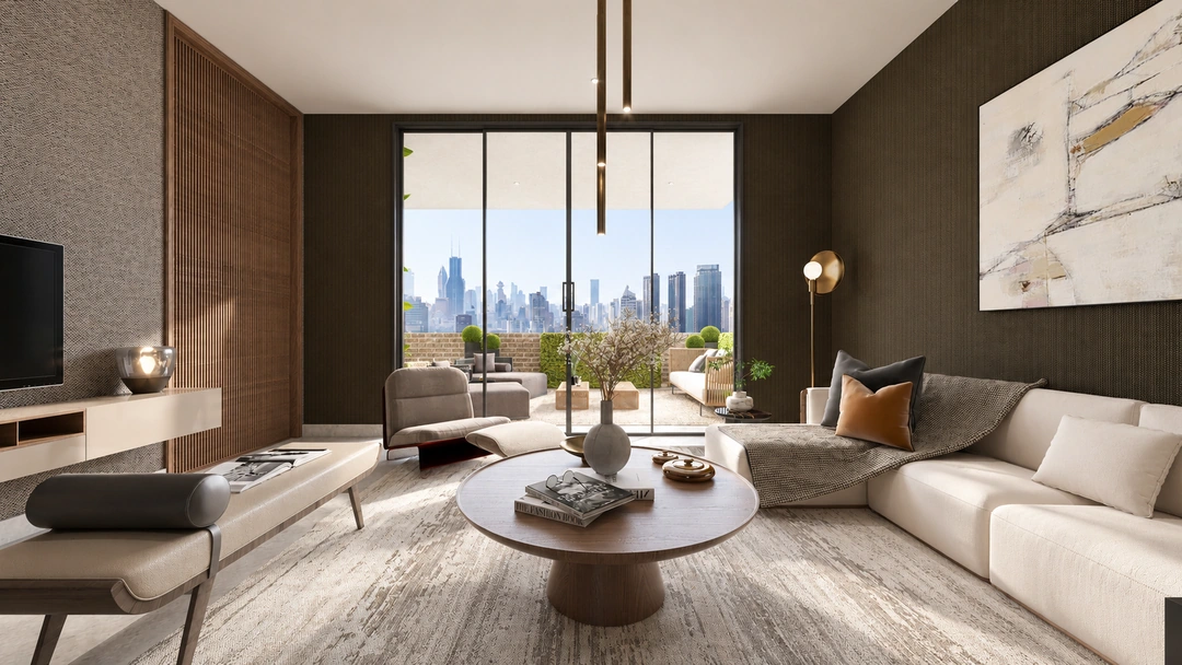 Living room with rounded tables and city views — New York, NY, Studio Dalika; project view 5
