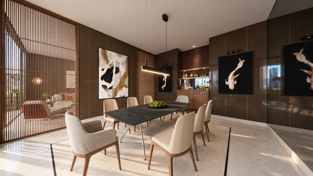 Dining room with pale chairs and abstract artwork — New York, NY, Studio Dalika; project view 6