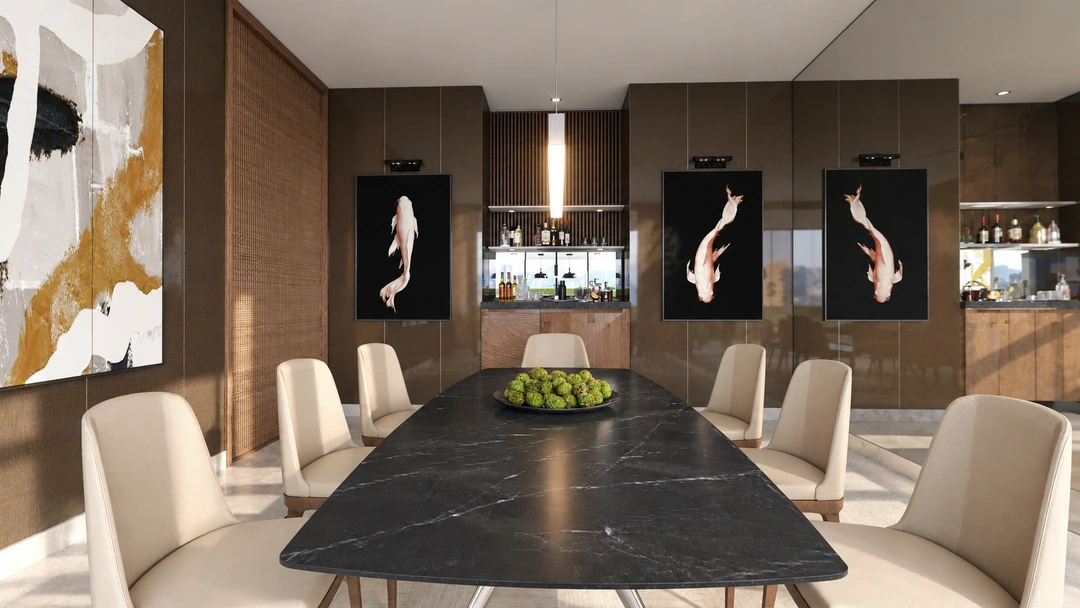 Dining room with dark table and upholstered chairs — New York, NY, Studio Dalika; project view 8