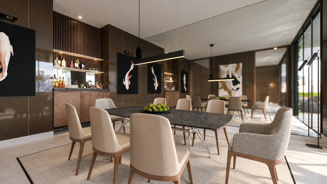 Dining area with hanging pendants and tall windows — New York, NY, Studio Dalika; project view 9
