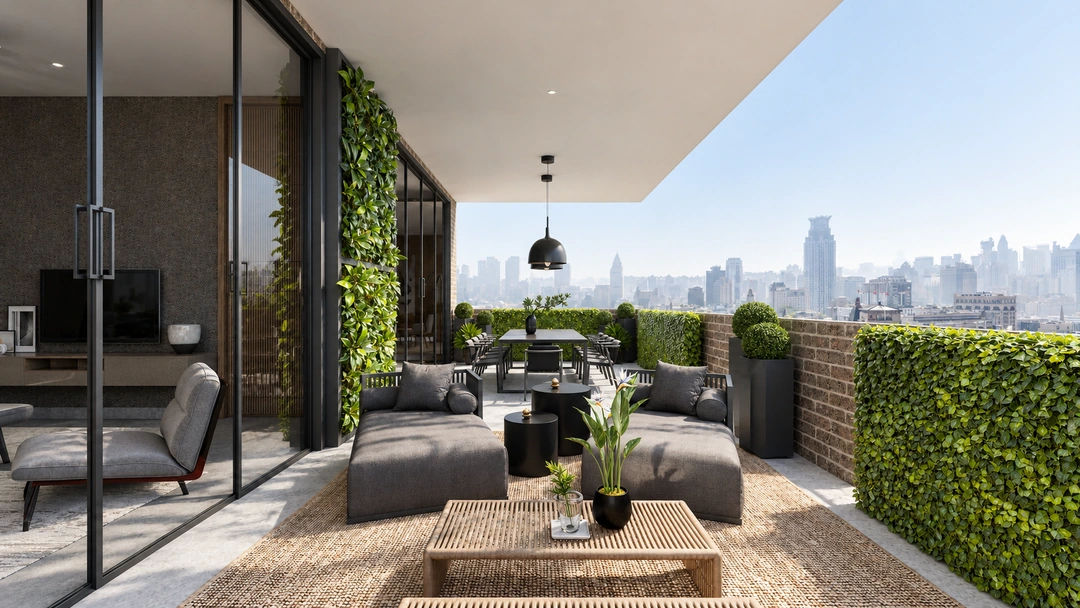 Terrace seating beside planted hedge and sliding doors — New York, NY, Studio Dalika; project view 11