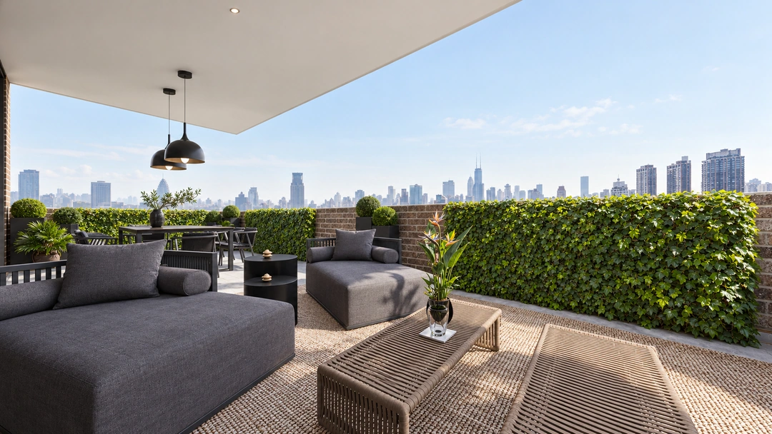 Terrace lounge with low seating and city views — New York, NY, Studio Dalika; project view 12