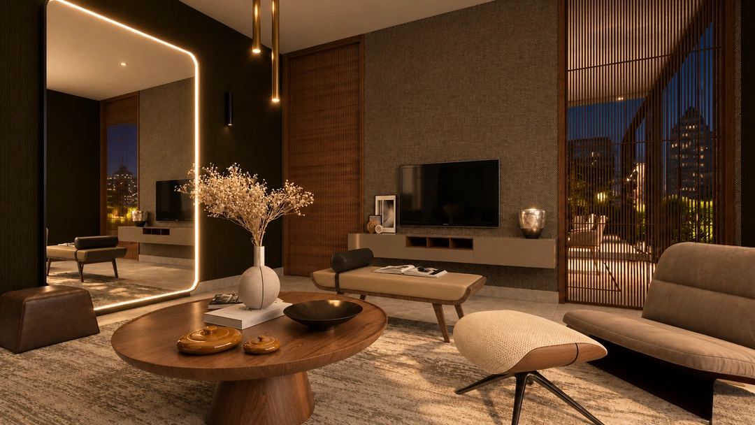 Evening living room with rounded tables and television — New York, NY, Studio Dalika; project view 13