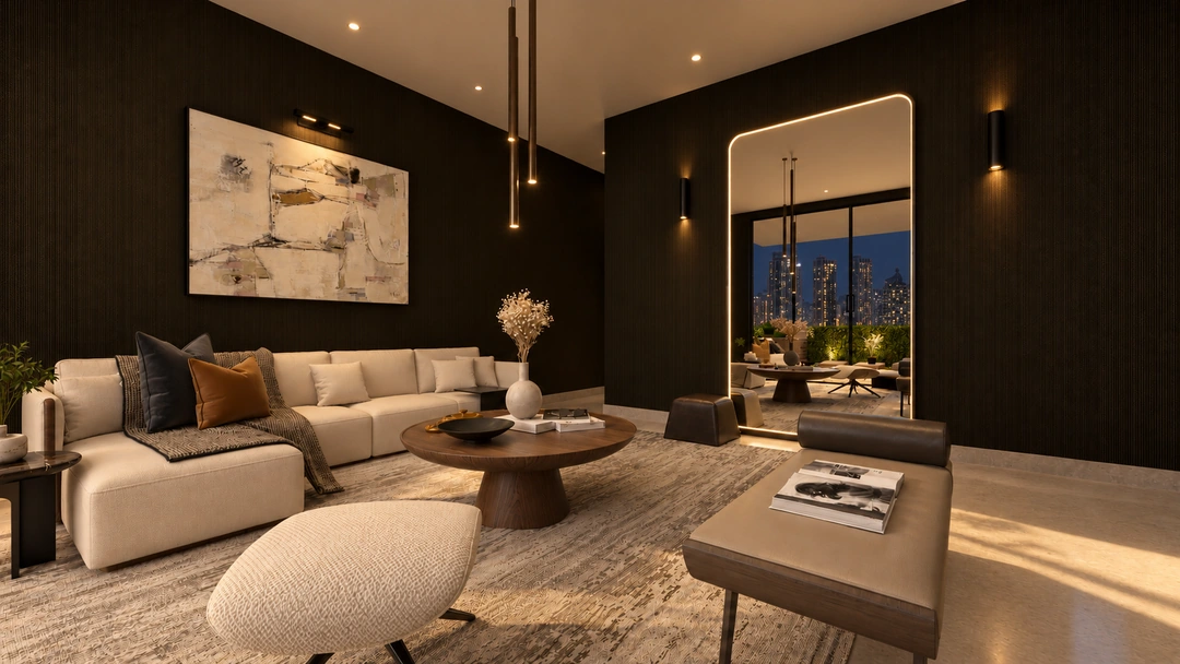 Evening living room with dark wall and pale seating — New York, NY, Studio Dalika; project view 14