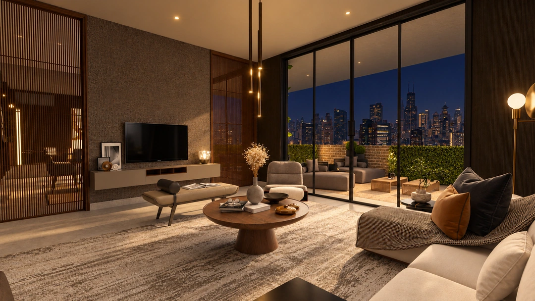 Evening living room with round tables and terrace glazing — New York, NY, Studio Dalika; project view 15