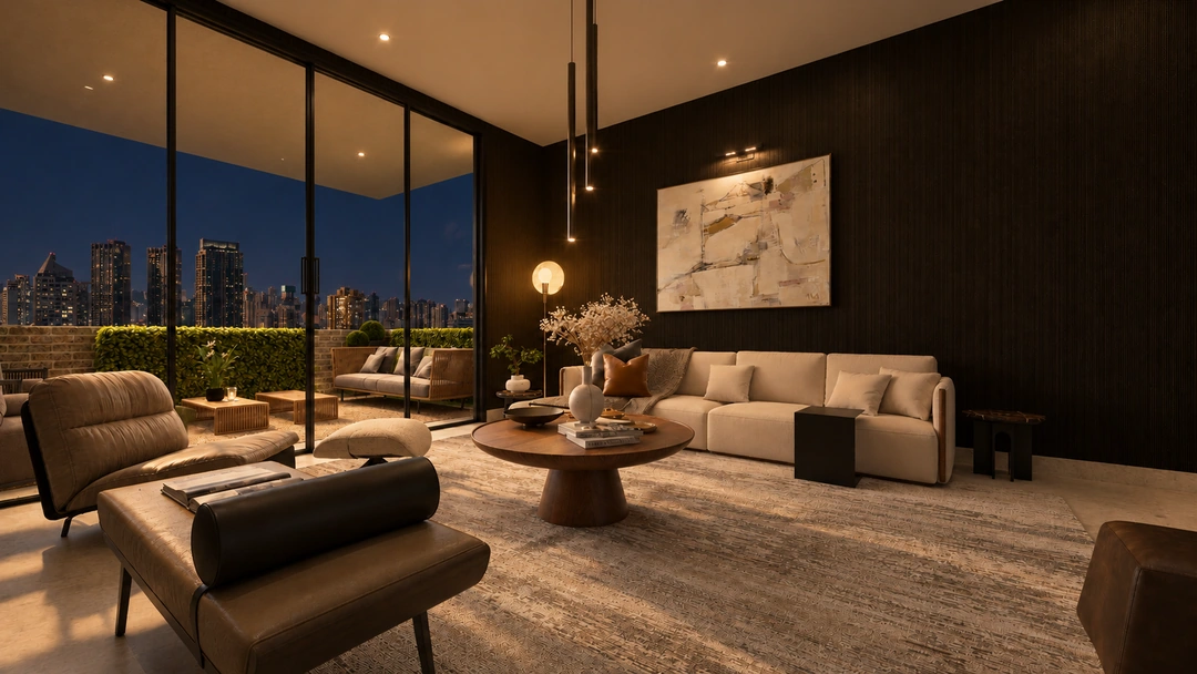 Evening sitting area with artwork and tall windows — New York, NY, Studio Dalika; project view 16