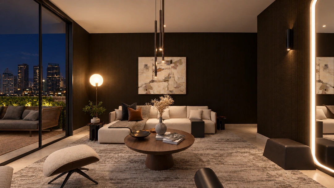 Evening living room with artwork and rounded tables — New York, NY, Studio Dalika; project view 17