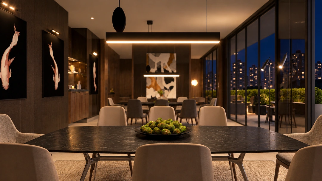Evening dining table with pendant lights and city views — New York, NY, Studio Dalika; project view 18