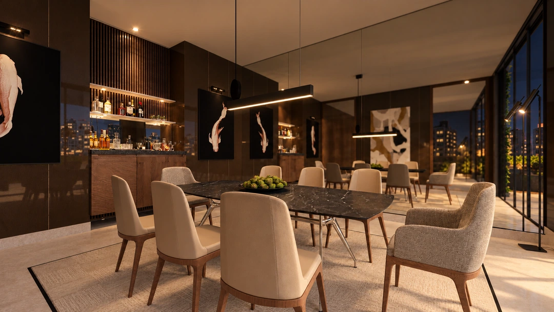Evening dining room beside terrace facing windows — New York, NY, Studio Dalika; project view 19