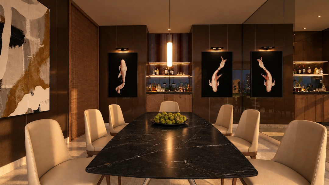 Evening dining table beneath dark pendant lights — New York, NY, Studio Dalika; project view 20