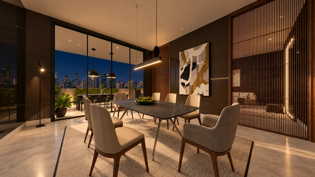 Evening dining room with pale upholstered chairs — New York, NY, Studio Dalika; project view 21