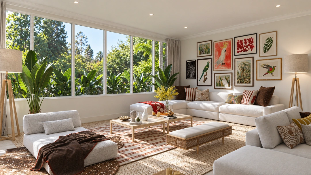 Living room with neutral sofas and tropical views — Miami, FL, Studio Dalika