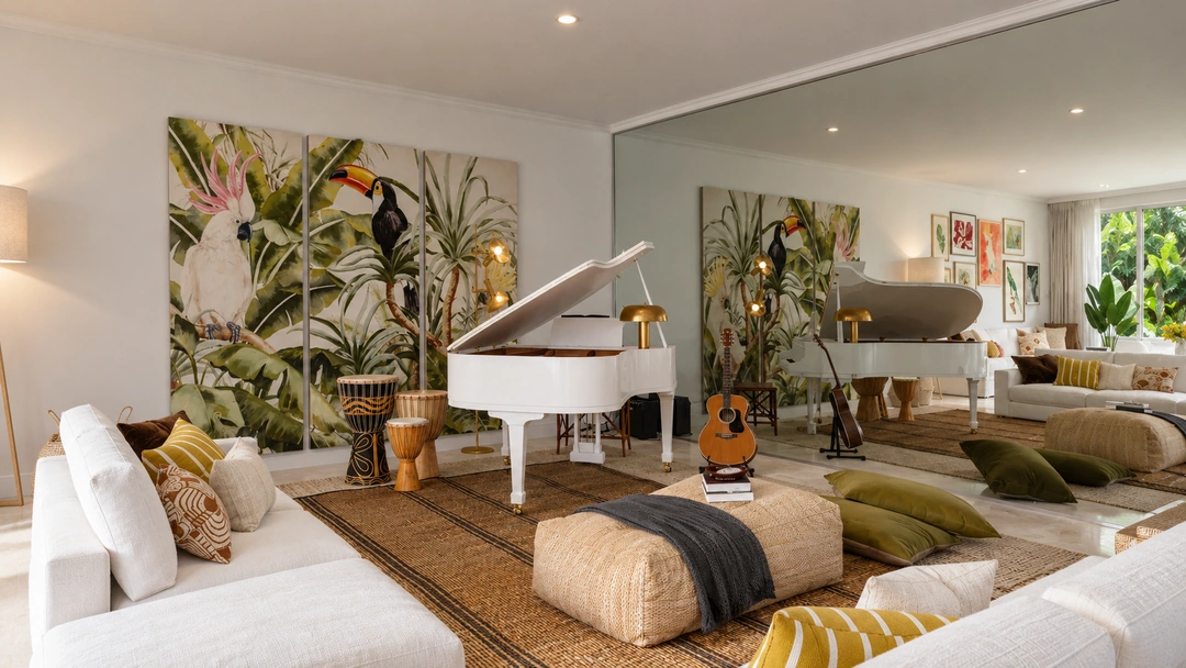 White grand piano beside colorful floral artwork — Miami, FL, Studio Dalika; project view 3