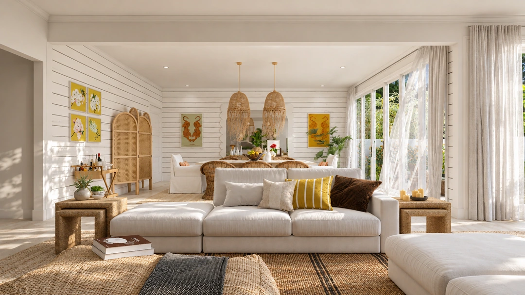 Living room with white sofa and gold accents — Miami, FL, Studio Dalika; project view 4