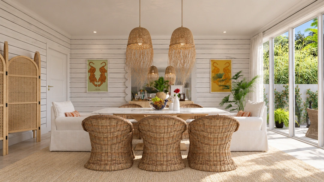 Dining room with woven chairs and pendant lights — Miami, FL, Studio Dalika; project view 5