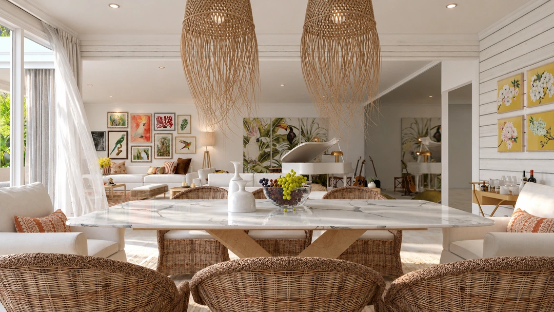 Kitchen island with woven stools and pendant lights — Miami, FL, Studio Dalika; project view 6
