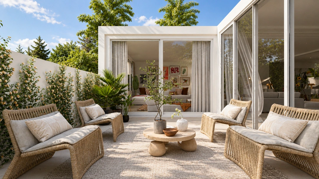Outdoor living area with pale sofas and textured walls — Miami, FL, Studio Dalika; project view 7
