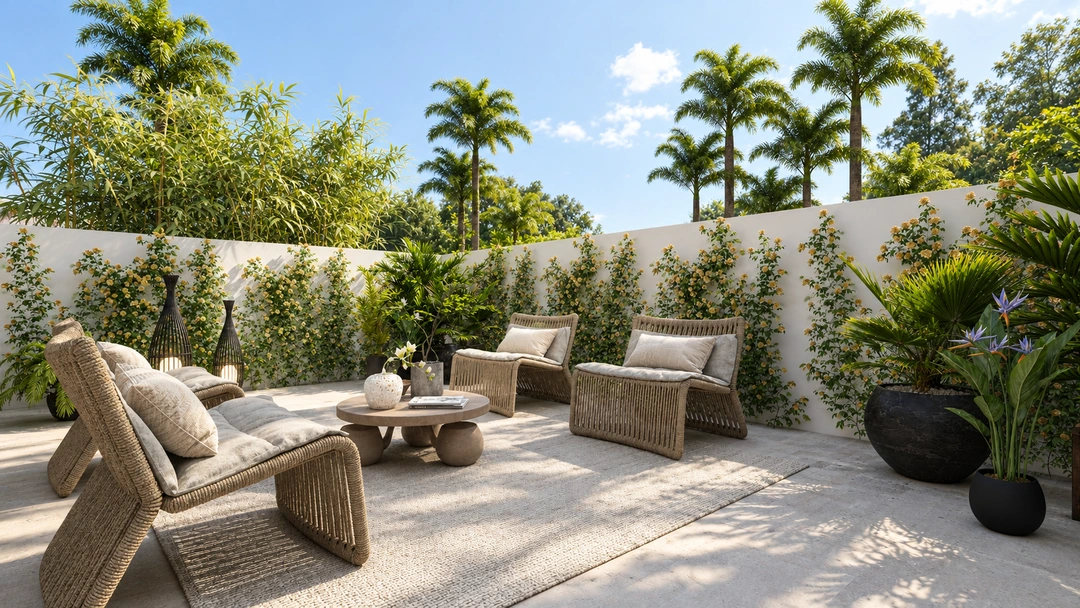 Courtyard terrace with outdoor sofas and lush planting — Miami, FL, Studio Dalika; project view 8