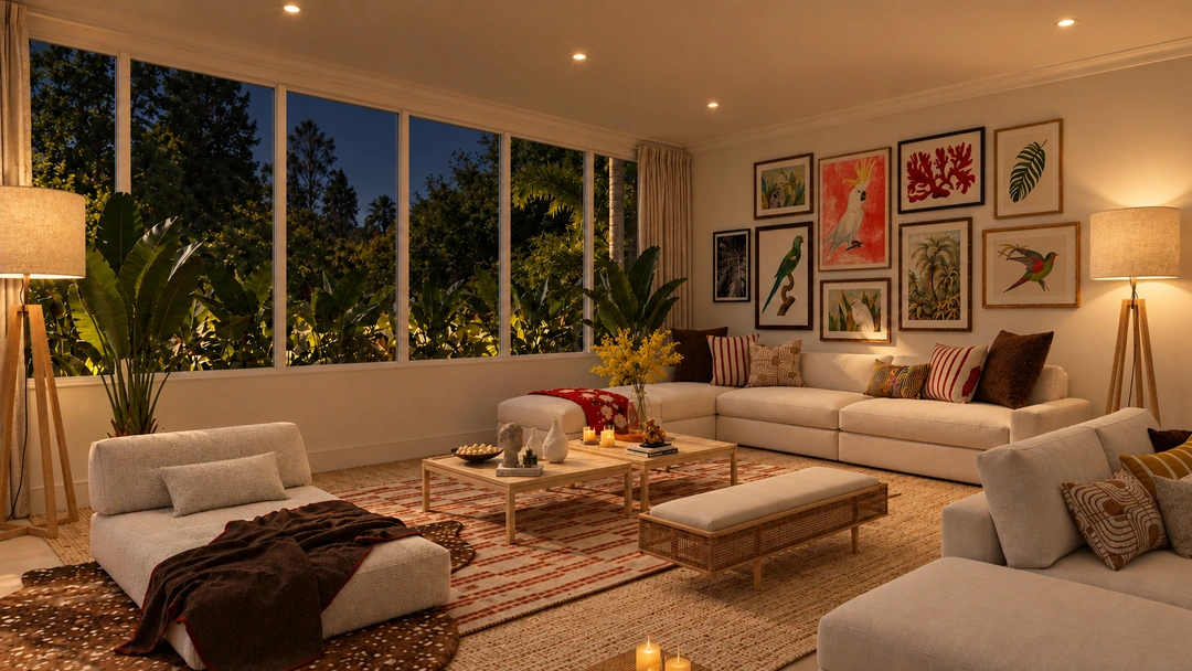 Evening living room with sofas and tropical planting — Miami, FL, Studio Dalika; project view 9