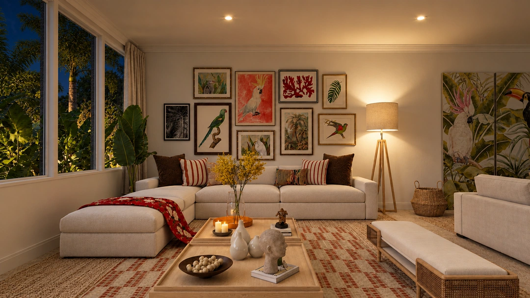 Evening living room with colorful framed artwork — Miami, FL, Studio Dalika; project view 10
