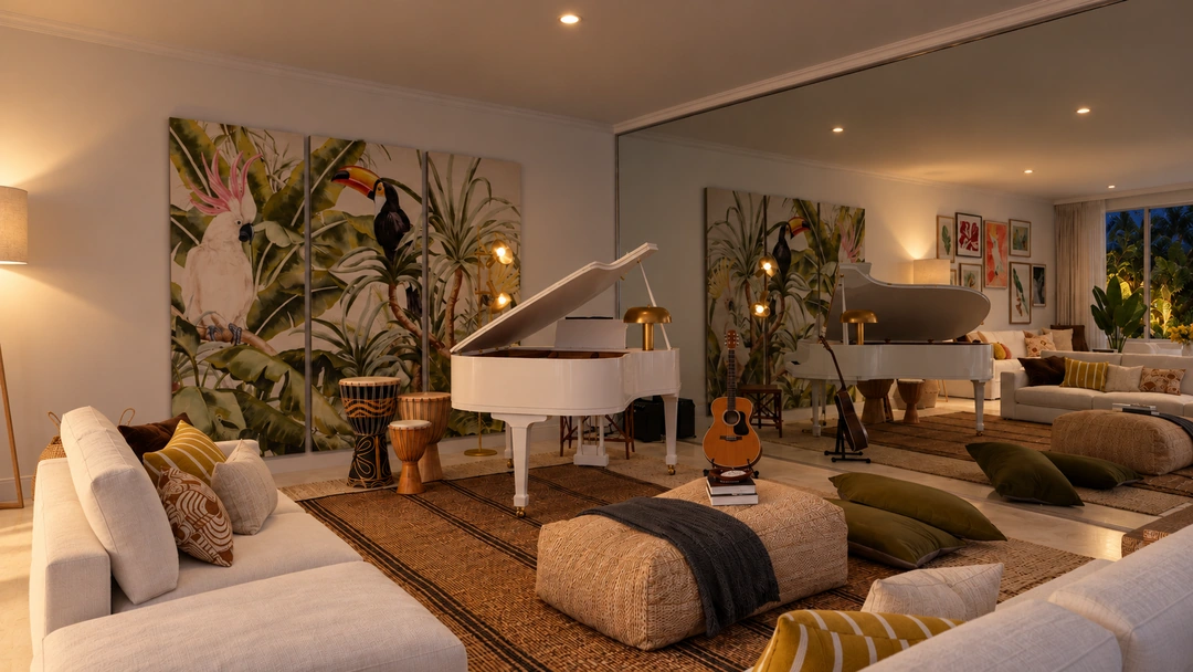 Evening living area with piano and patterned rug — Miami, FL, Studio Dalika; project view 11