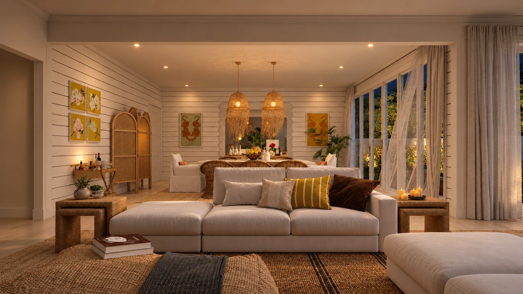 Evening living room with piano and floral artwork — Miami, FL, Studio Dalika; project view 12