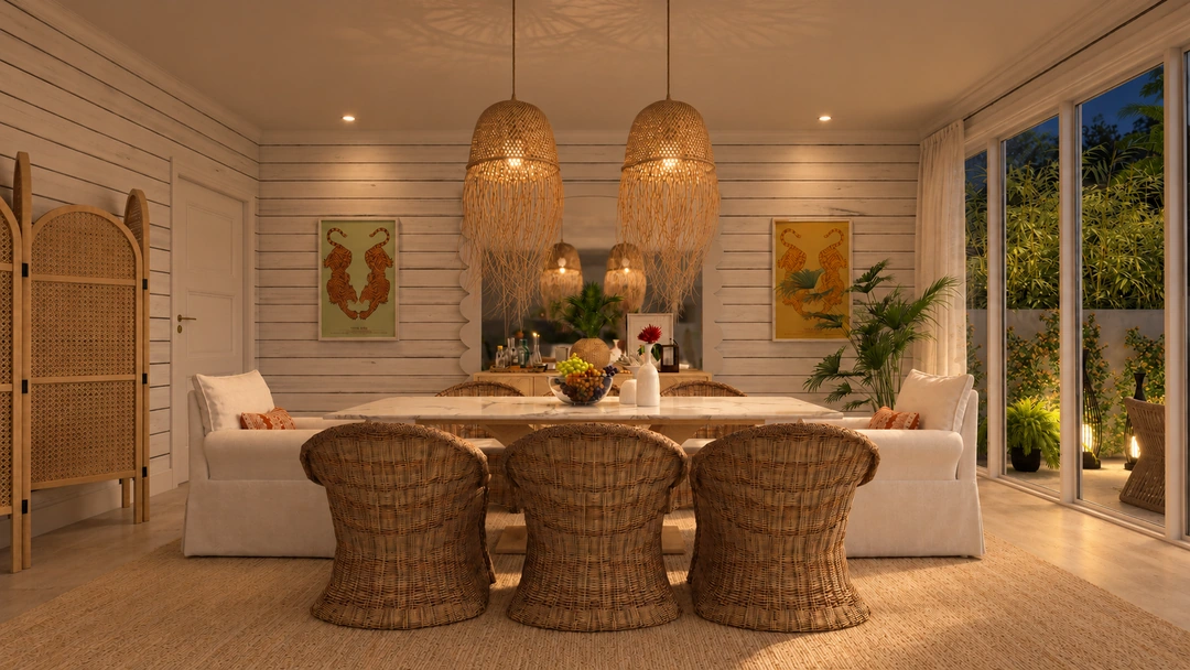 Evening dining room with woven chairs and pendant lights — Miami, FL, Studio Dalika; project view 13