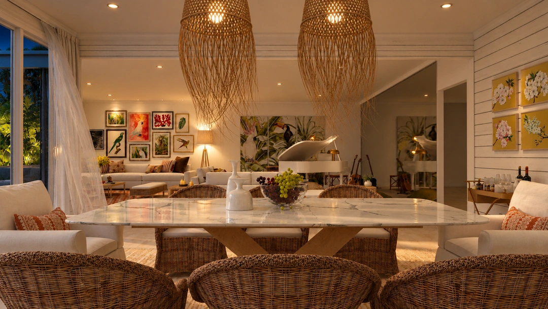 Evening kitchen island beneath woven pendant lights — Miami, FL, Studio Dalika; project view 14