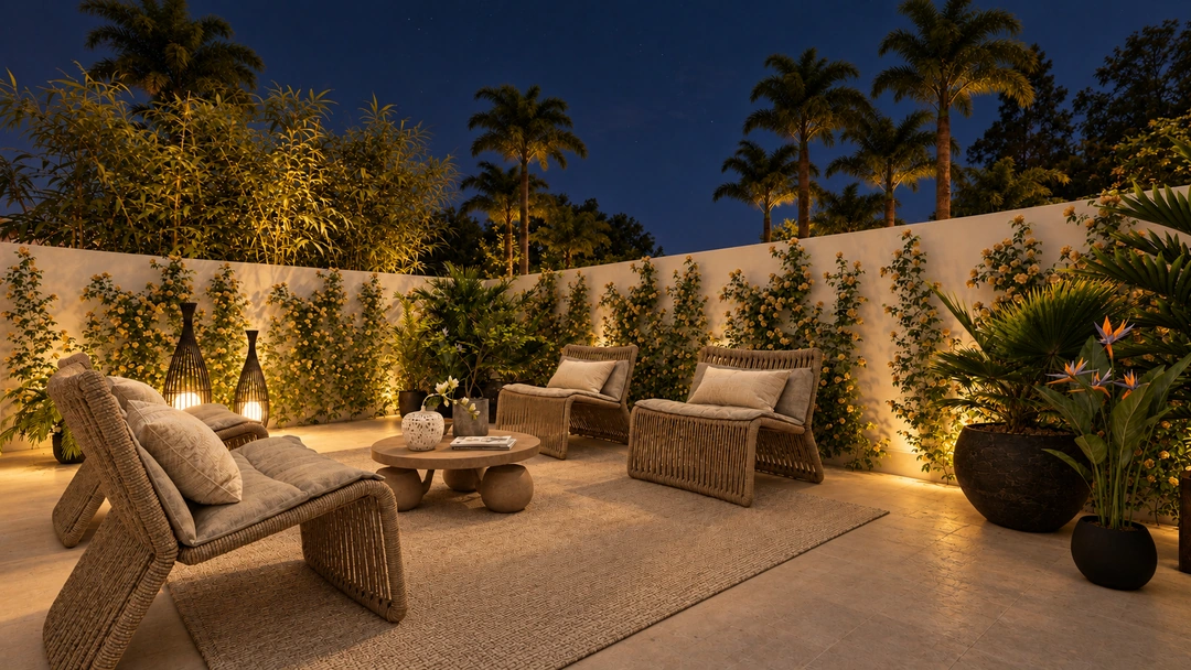 Evening terrace lounge with courtyard planting — Miami, FL, Studio Dalika; project view 15
