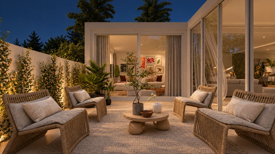 Evening patio seating with textured walls and plants — Miami, FL, Studio Dalika; project view 16