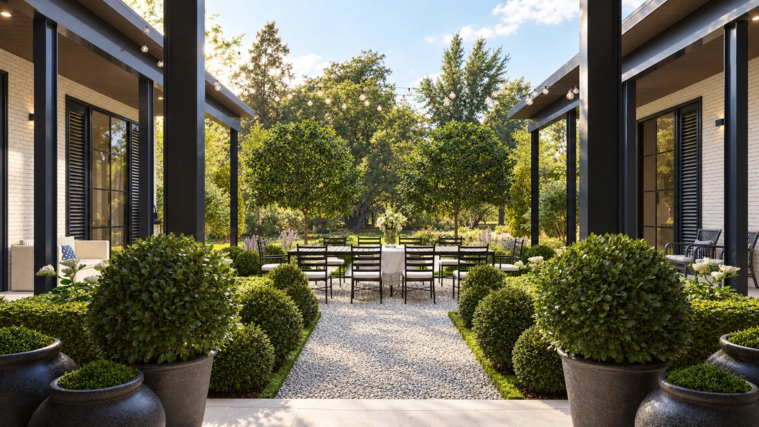 Courtyard walkway between glass walls and clipped shrubs — Great Falls, VA, Studio Dalika