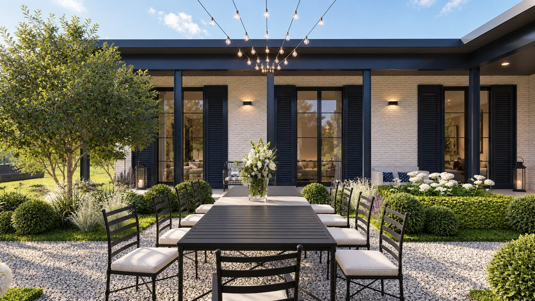Outdoor dining table with courtyard garden views — Great Falls, VA, Studio Dalika; project view 3