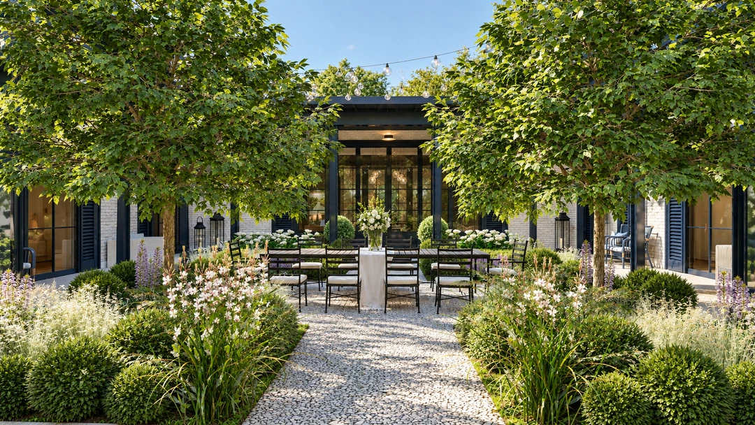 Courtyard dining area surrounded by lush planting — Great Falls, VA, Studio Dalika; project view 4