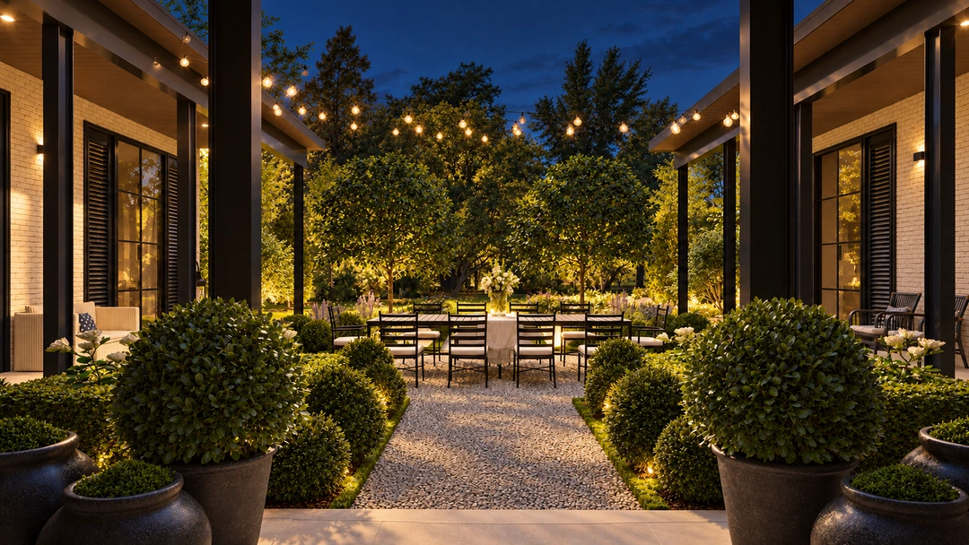 Evening courtyard with glazed walls and manicured planting — Great Falls, VA, Studio Dalika; project view 5