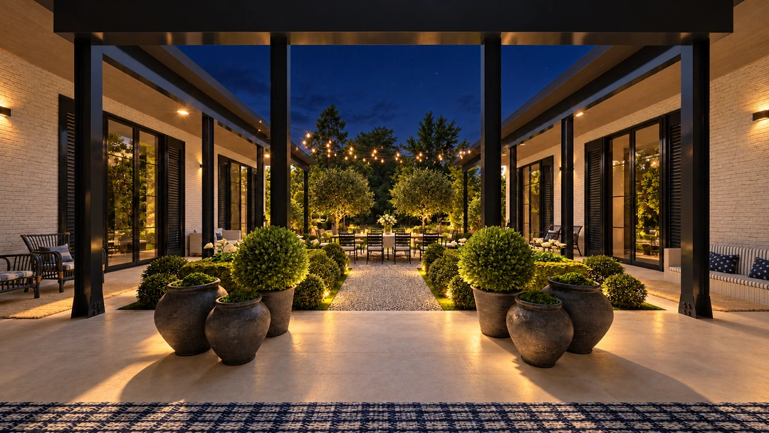 Evening courtyard pathway flanked by rounded shrubs — Great Falls, VA, Studio Dalika; project view 6
