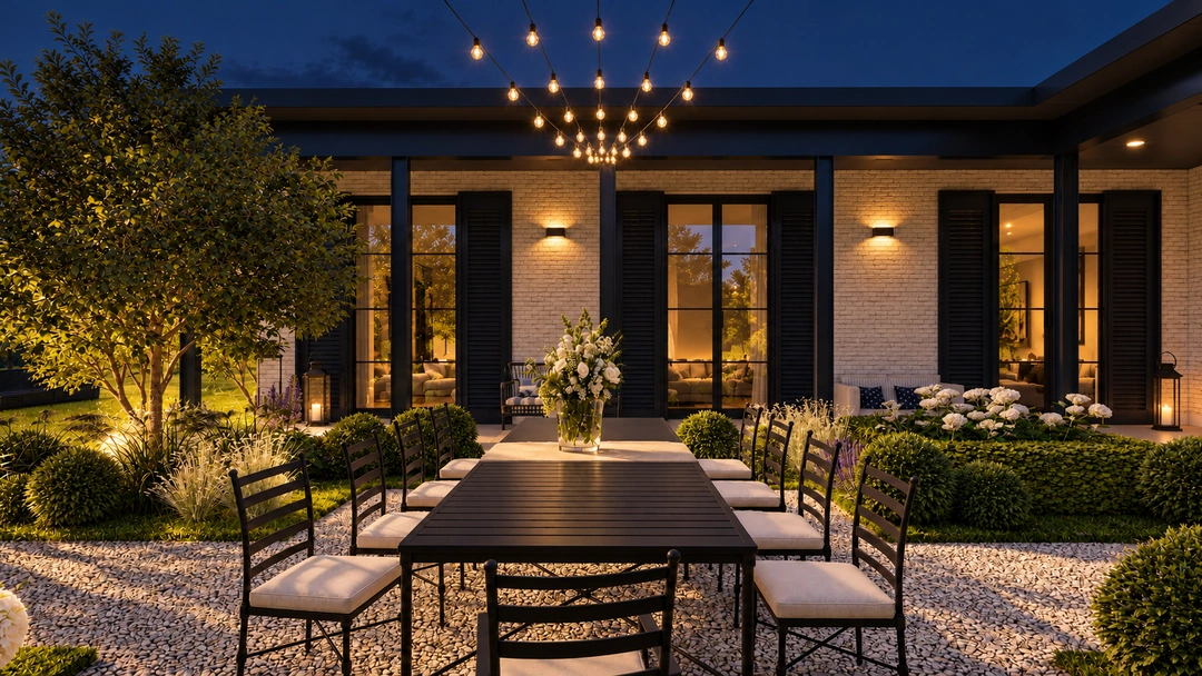 Evening courtyard dining table beneath string lights — Great Falls, VA, Studio Dalika; project view 7