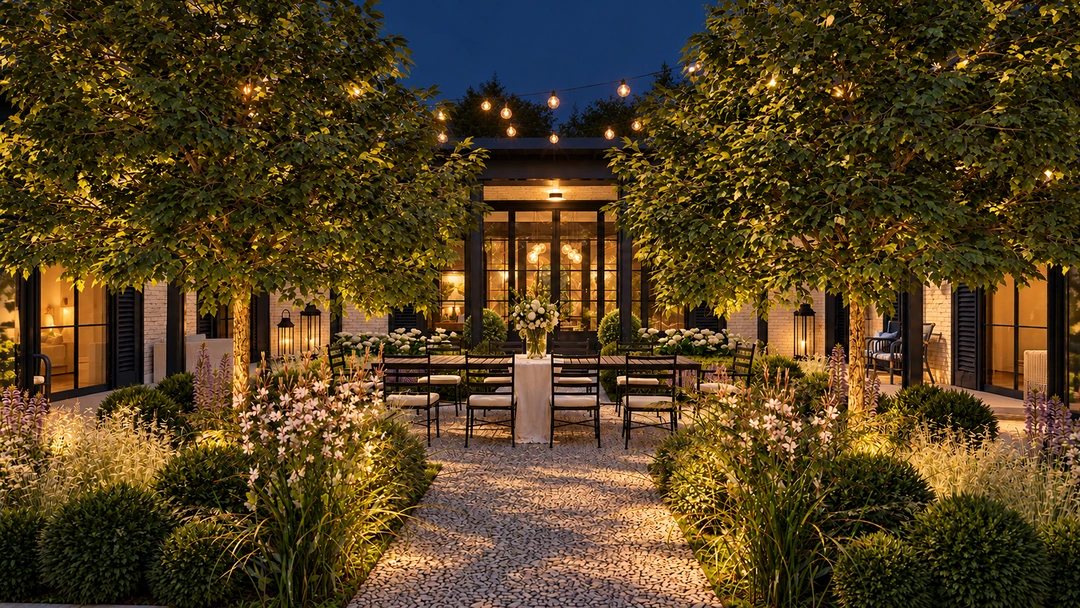 Evening courtyard garden with trees and hanging lights — Great Falls, VA, Studio Dalika; project view 8