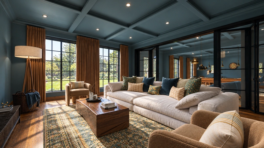 Living room with sectional and dark teal ceiling — Great Falls, VA, Studio Dalika