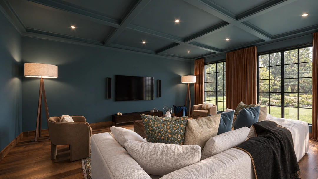 Television lounge with pale sofa and layered cushions — Great Falls, VA, Studio Dalika; project view 3