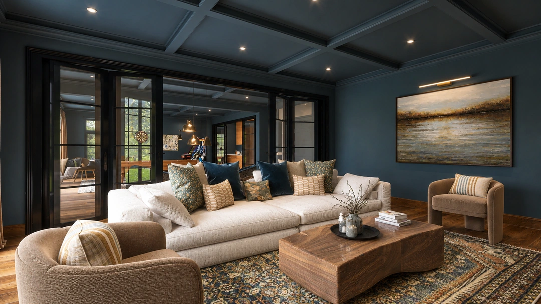 Television lounge with sectional and rectangular coffee table — Great Falls, VA, Studio Dalika; project view 4