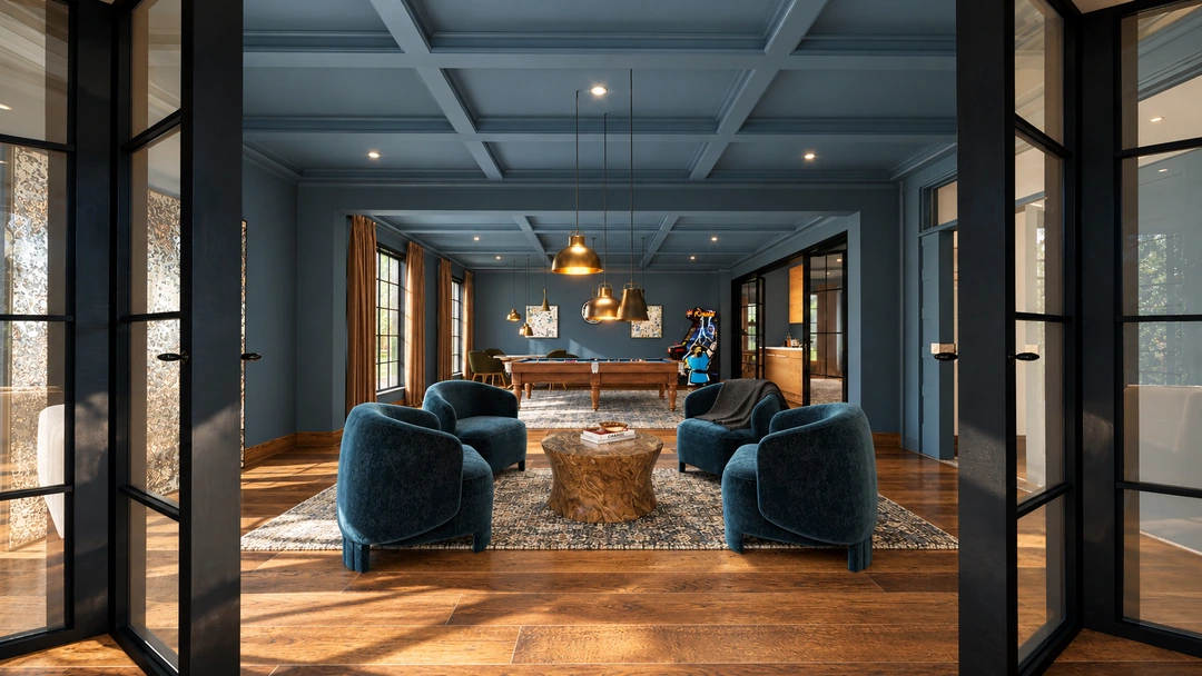 Lounge chairs framed by black glazed partitions — Great Falls, VA, Studio Dalika; project view 5