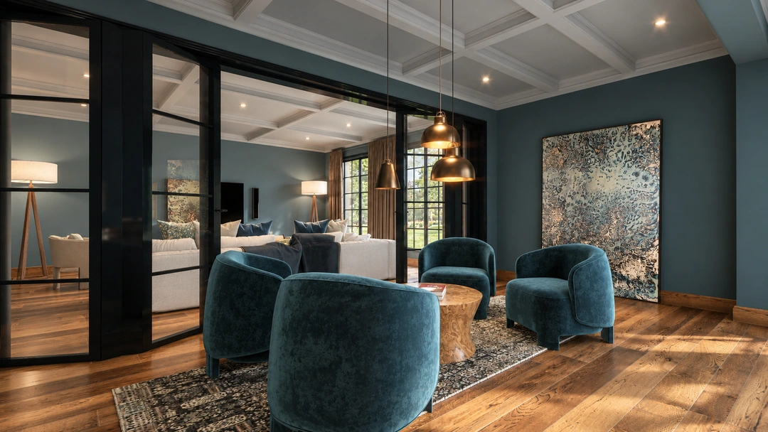 Lounge with teal chairs beside glazed interior partitions — Great Falls, VA, Studio Dalika; project view 6