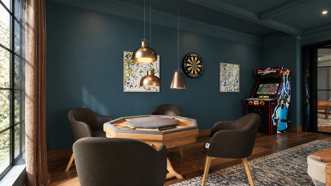 Round game table beneath framed portrait and pendant — Great Falls, VA, Studio Dalika; project view 7