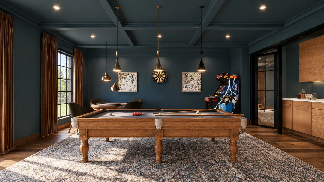 Billiards room with table and garden facing windows — Great Falls, VA, Studio Dalika; project view 8