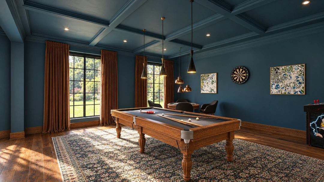 Billiards room with patterned rug and dark teal ceiling — Great Falls, VA, Studio Dalika; project view 9