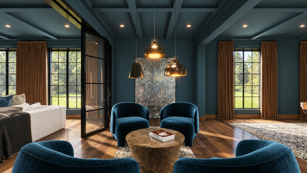 Lounge chairs beneath pendant beside garden facing windows — Great Falls, VA, Studio Dalika; project view 10